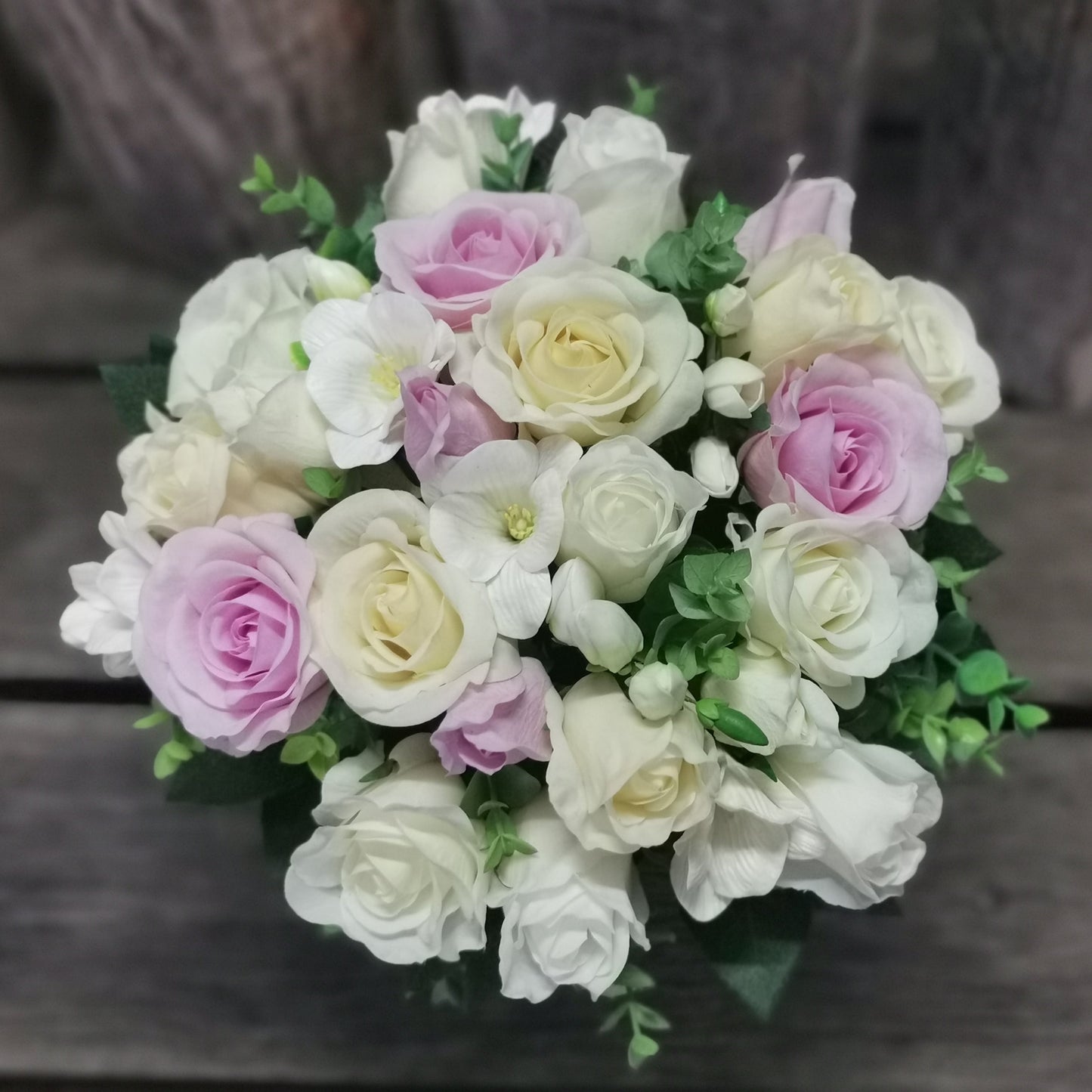 Bouquet of Real Touch  white and pink roses with Freesia