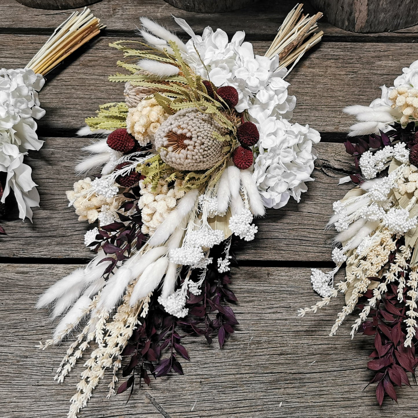 Dried Flower Bridal Bouquet -White, Cream and a touch of Burgundy