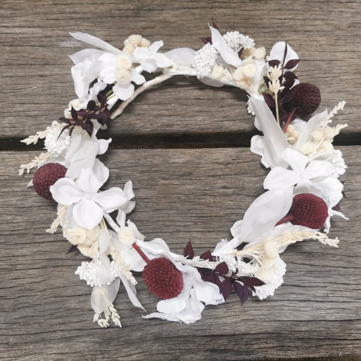 Dried Flower Bridal Bouquet -White, Cream and a touch of Burgundy