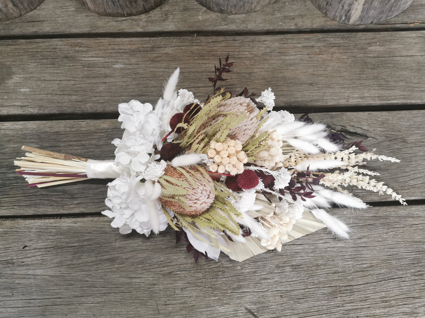 Dried Flower Bridal Bouquet -White, Cream and a touch of Burgundy