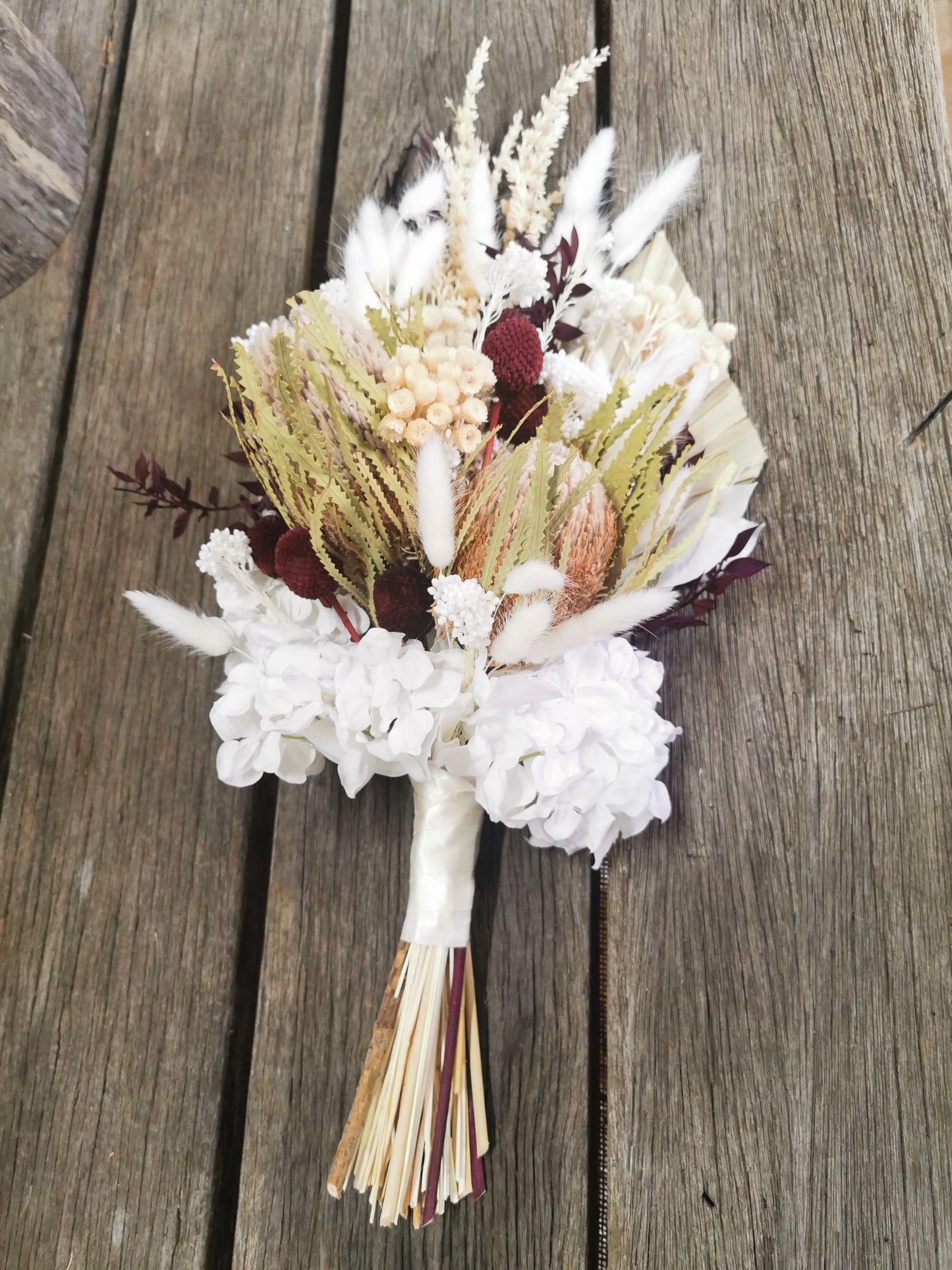 Dried Flower Bridal Bouquet -White, Cream and a touch of Burgundy